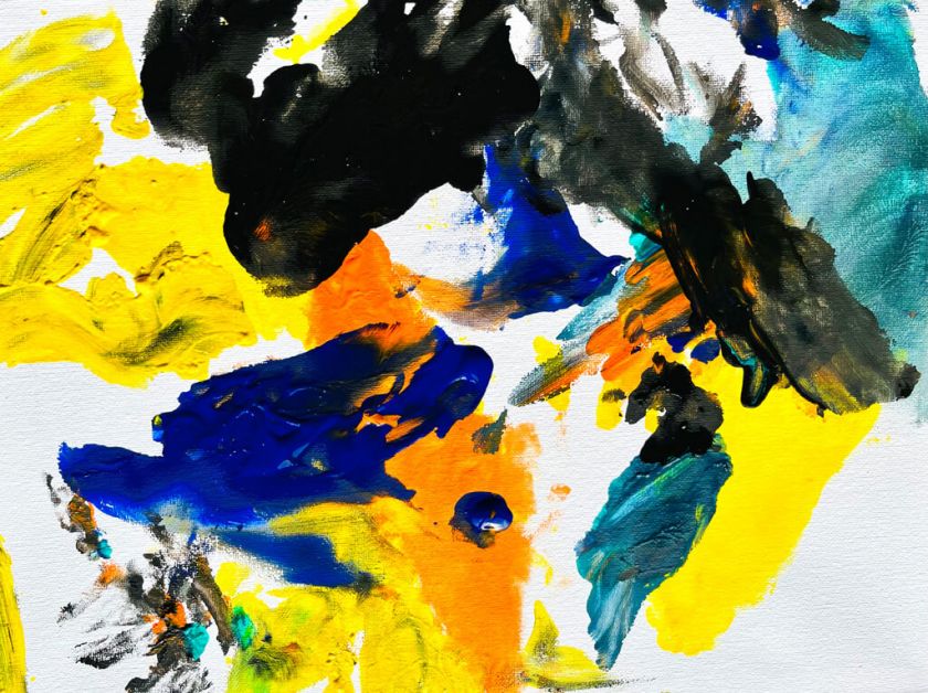 Ein abstraktes Bild, schwarze Farbe dominiert, eher dunkel, sonst grün und blau und gelb - Lieblingsfarben Kinder aus dem Erlenbusch