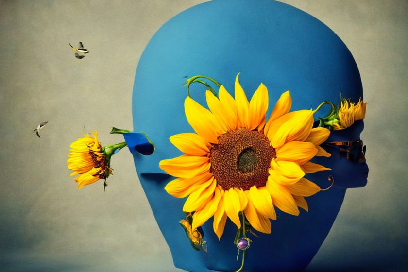 ein Tischstilleben mit Blumen, einem Bild und anderen poetischen Gegenständen